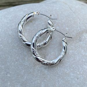 Silver hoop earrings silver plated 3/4” diameter hoops twist design